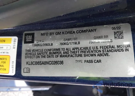 2022 Chevrolet Spark Fwd Ls Automatic из США, поврежденный, VIN KL8CB6SA8NC026036